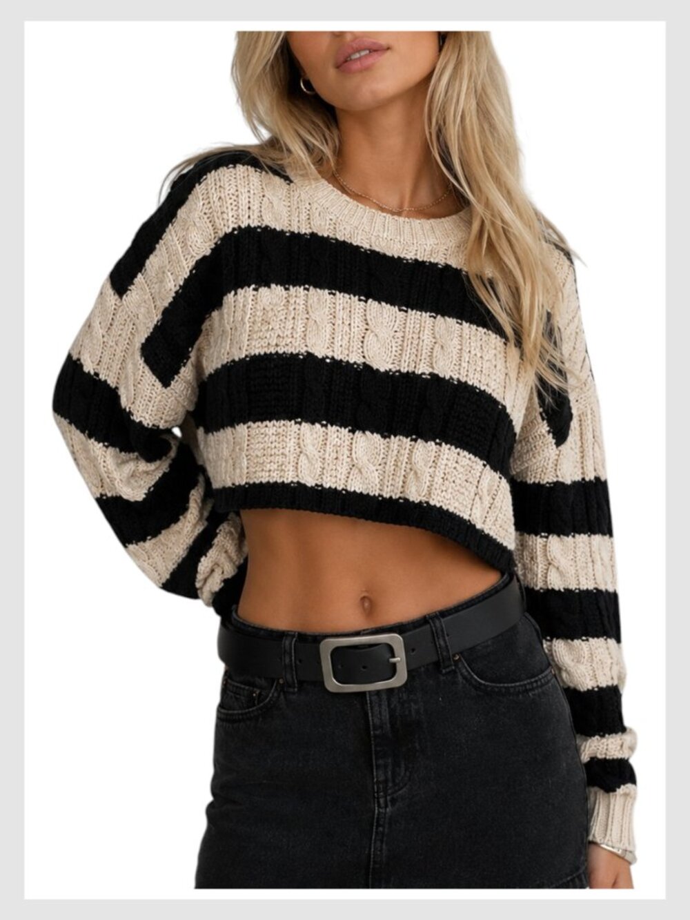 Altar'd State Cropped Sweater Black Cream Cable Knit XS